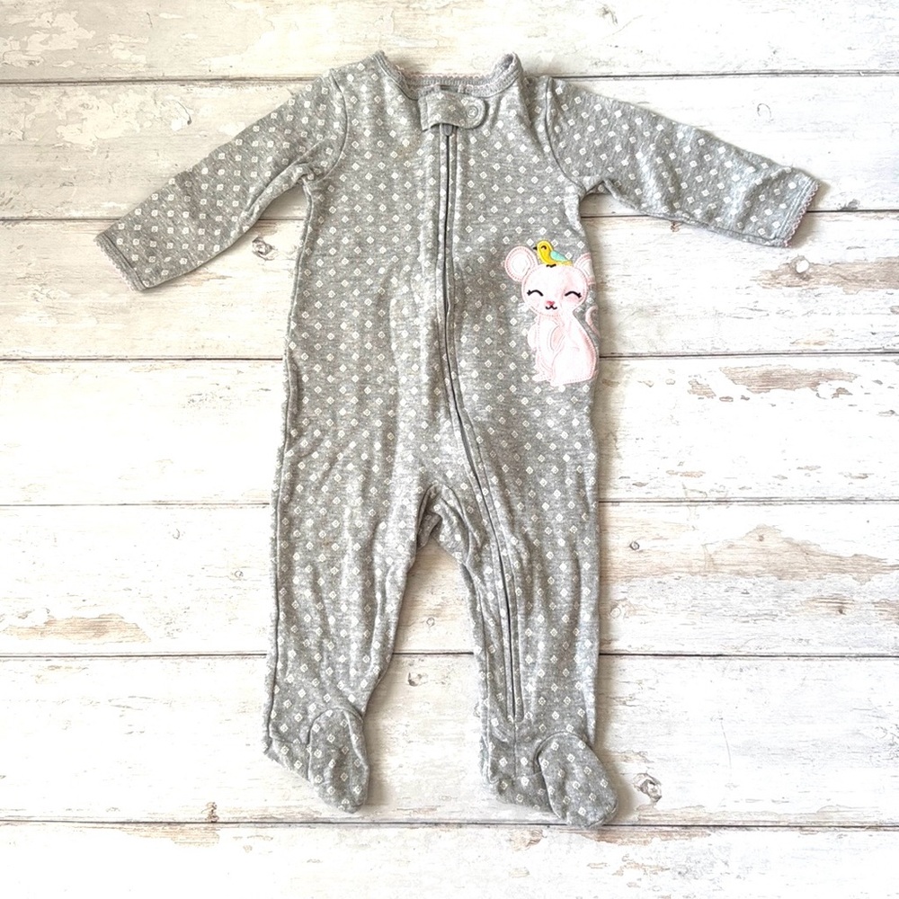 Carters 9m Baby Girl Footie Sleeper One Piece Pajamas Gray Mouse Print Zip Up